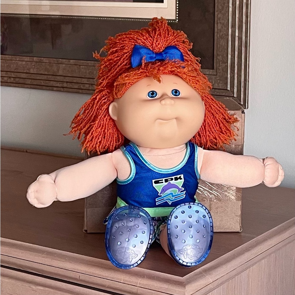 Cabbage Patch vintage Hasbro 15” red/blue doll in CPK clothes - children